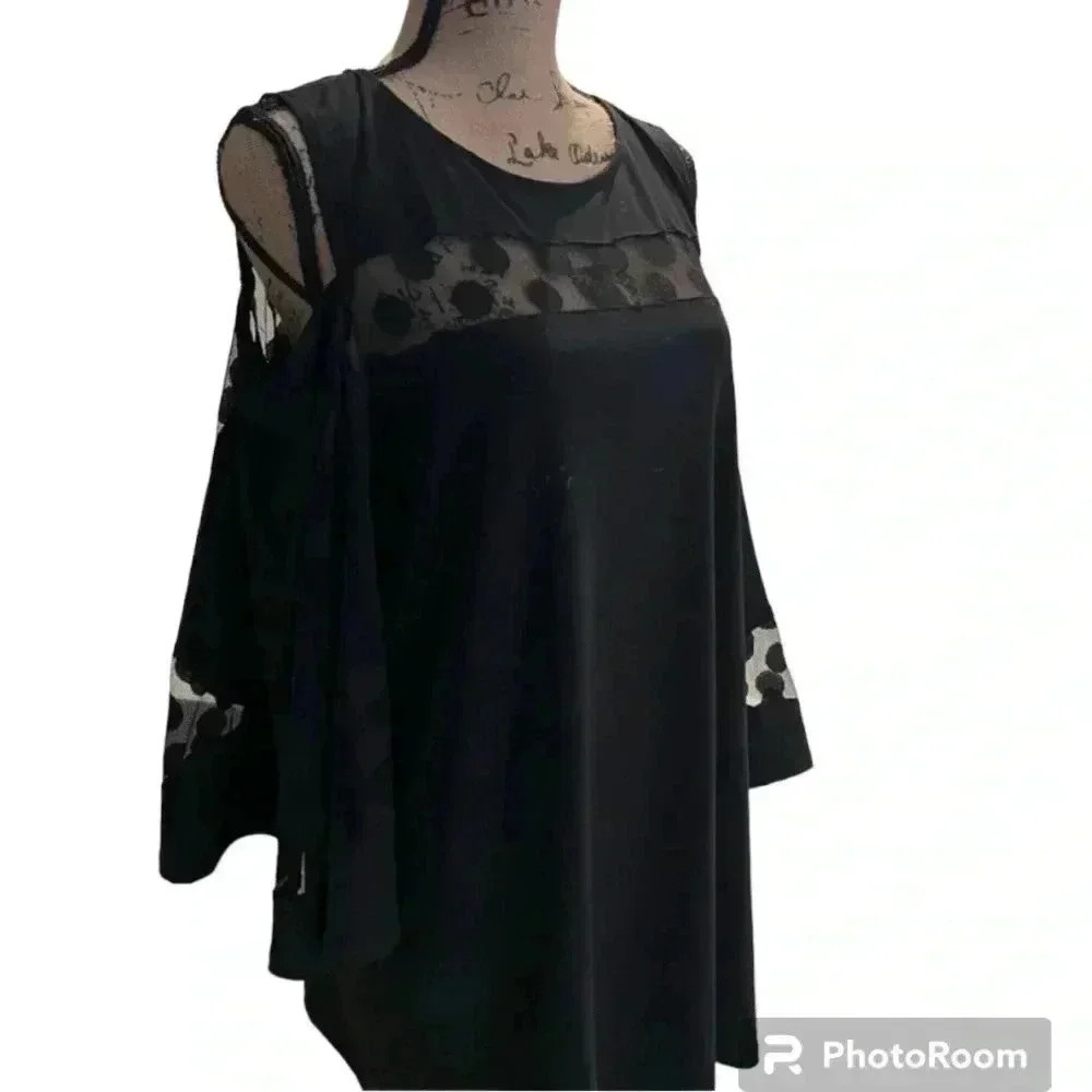 NINA LEONARD Black Blouse tunic wide sleeves cold shoulders size XL